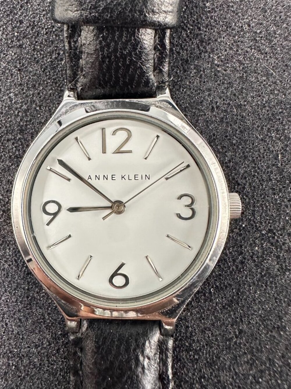 3/$30 Anne Klein Watch Womens Silver White Dial 32MM Black Leather Band Works